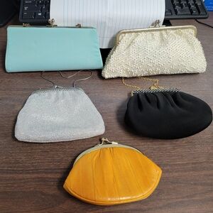 Vintage Clutch Purses- Mint Green, White Beaded, Silver, Black& Gold.  ECC
